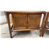 Image 2 : Pair of Mid-Century Walnut End Tables with Cane Door Panels and Lower Shelf 26 x 26 x 21