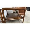 Image 4 : Pair of Mid-Century Walnut End Tables with Cane Door Panels and Lower Shelf 26 x 26 x 21