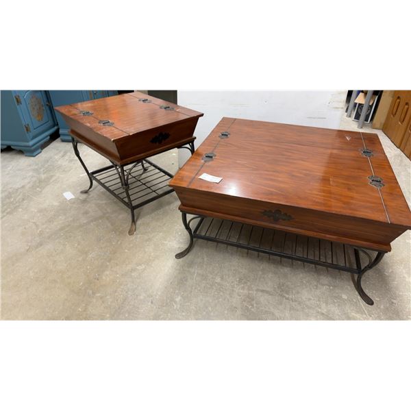Rustic Wood and Wrought Iron Coffee Table with Storage 40 x 40 x 19 and Matching End Table 28 x 29