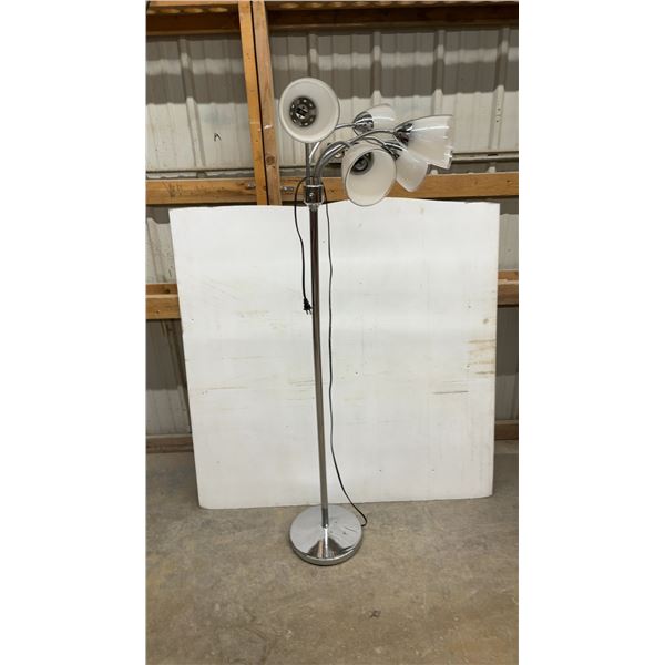 Chrome Five-Arm Adjustable Gooseneck Floor Lamp with White Plastic Shades 60" Tall
