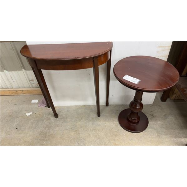 Half Moon Table 11 x 29 x 29 and Round Pedestal Side Table in Cherry Finish 18 x 24