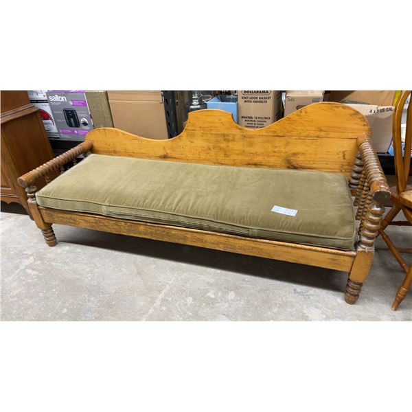 Antique Pine Daybed with Spool Turnings and Olive Green Cushion 71 x 27 x 31
