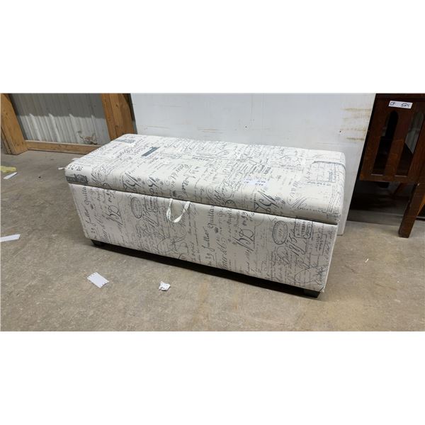 French Script Upholstered Storage Ottoman Bench with Interior Organizer Pockets 49 x 19 x 20