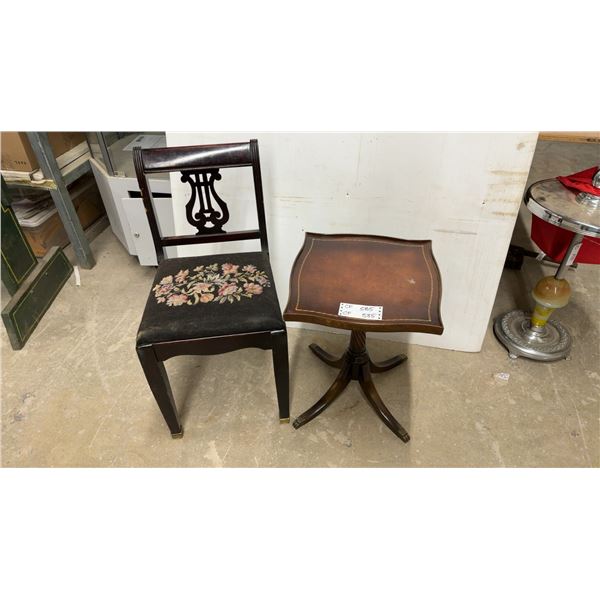 Mahogany Lyre Back Chair with Needlepoint Seat and Leather Top Duncan Fyfe Pedestal Table