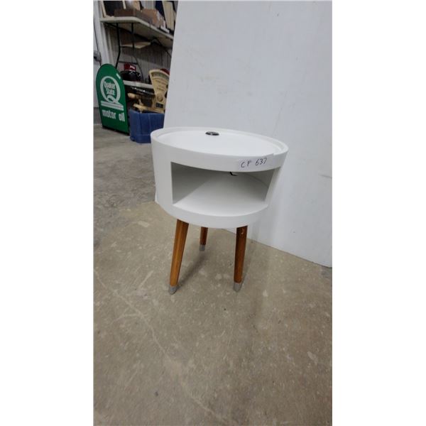White Round End Table with Open Shelf and Built-In Charging Port 24" Hgt.15" Diameter