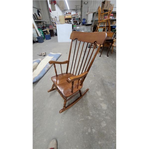 Windsor Style Spindle Back Wooden Rocking Chair with Contoured Seat and Curved Armrests