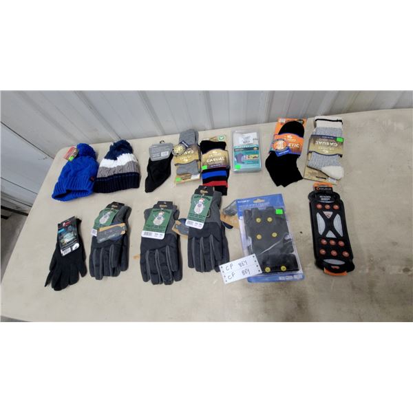 Assorted Winter Accessories Including Gloves, Socks, Toques, and Ice Cleats All New