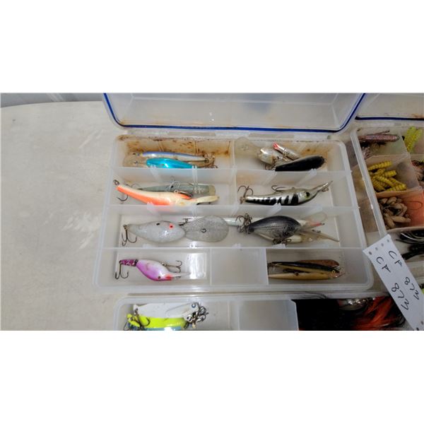 Collection of Fishing Lures, Crankbaits, Soft Plastics, and More in Four Tackle Boxes