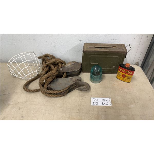 Vintage Rope with Pulley and Hooks, Cal.30 M1 Ammo Box, Glass Insulator, and More
