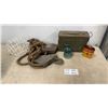 Image 1 : Vintage Rope with Pulley and Hooks, Cal.30 M1 Ammo Box, Glass Insulator, and More