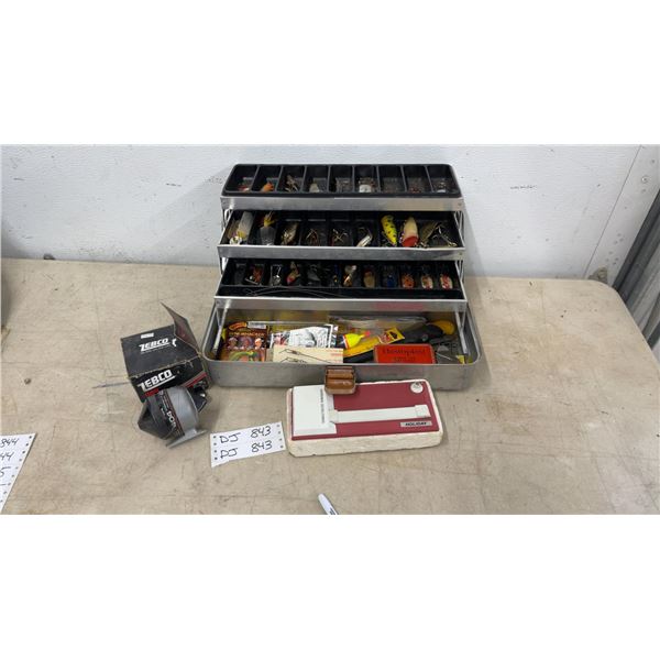 Vintage Metal Tackle Box with Fishing Lures, Zebco 404 Reel, Holiday Phonograph, and More