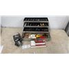 Image 1 : Vintage Metal Tackle Box with Fishing Lures, Zebco 404 Reel, Holiday Phonograph, and More