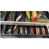 Image 5 : Vintage Metal Tackle Box with Fishing Lures, Zebco 404 Reel, Holiday Phonograph, and More