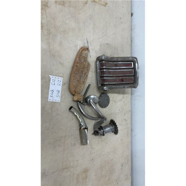 Vintage Auto Parts Lot Including Taillight Door Handles, Delco Battery Cap, and More