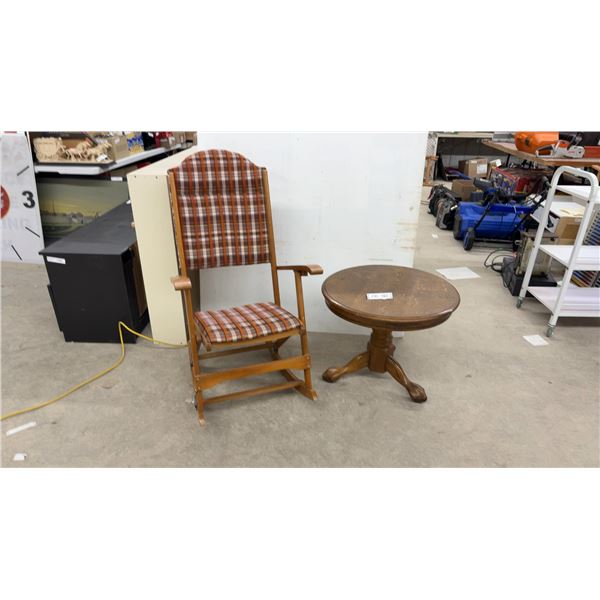 Round Pedestal Side Table with Carved Claw Feet 20 x 24" & Glider Folding Rocker