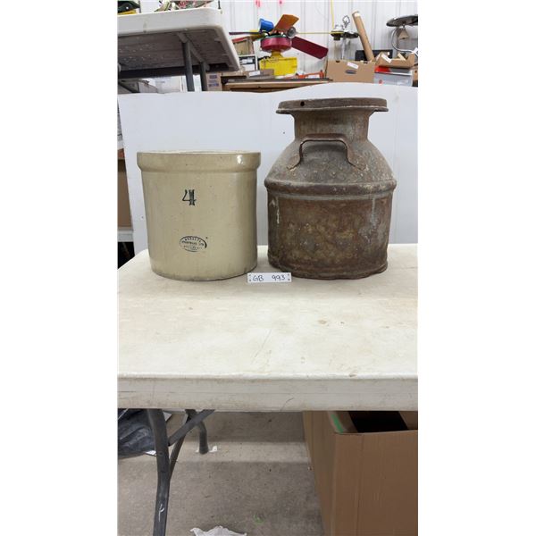 Medalta Stoneware 4-Gallon Crock and Vintage Metal Cream Can