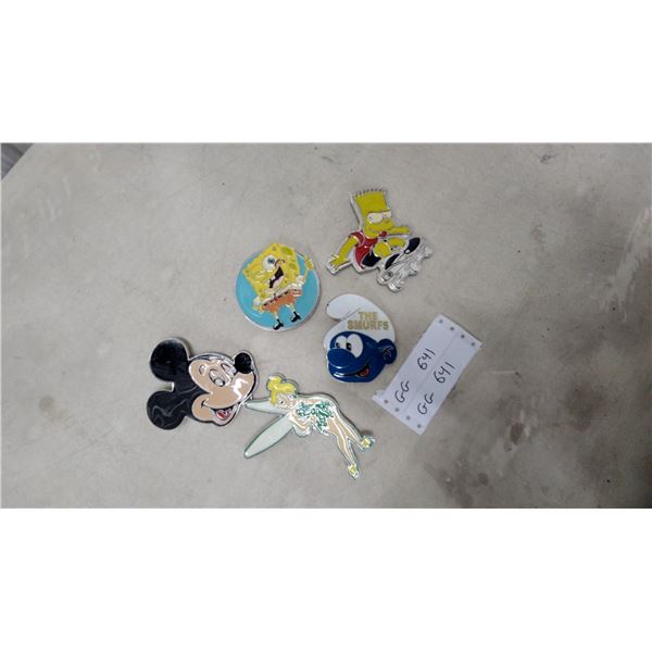 Collection of Five Cartoon Character Enamel Belt Buckles Including Mickey Mouse and SpongeBob