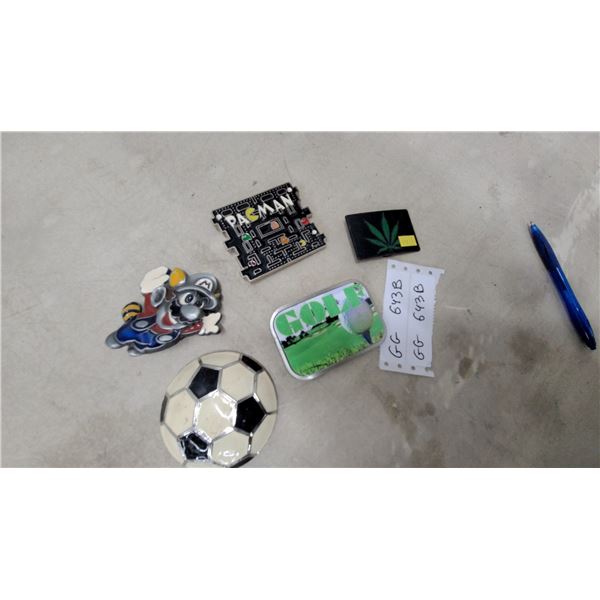 Collection of Belt Buckles Including Soccer Ball, Pac-Man, Golf, 5x