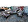 Image 1 : Wicker Patio Furniture Set with Gray Cushions and Floral Throw Pillows, Three Pieces