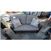 Image 2 : Wicker Patio Furniture Set with Gray Cushions and Floral Throw Pillows, Three Pieces