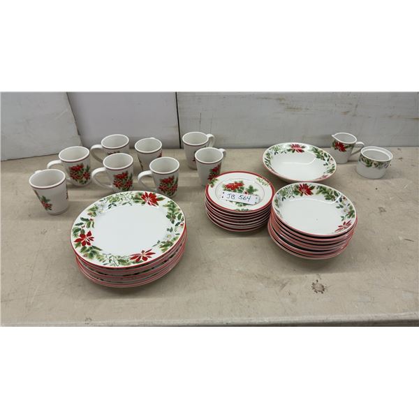 34 Piecea, Kaf Holiday Stoneware Christmas Poinsettia Dinnerware Set with Mugs and Serving Pieces