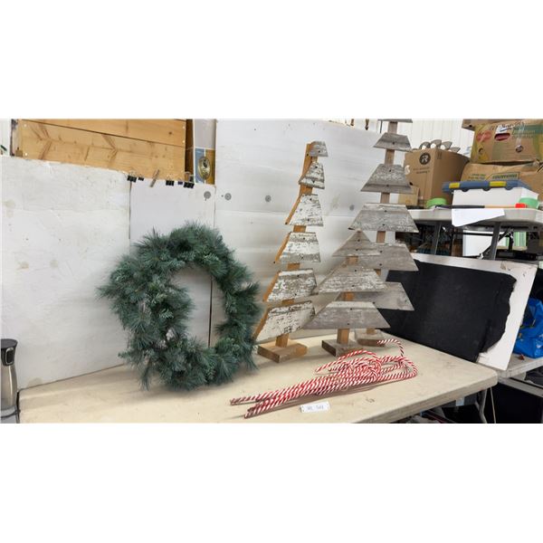 Rustic Wood Christmas Trees,Tallest 50", Faux Pine Wreath, and Decorative Candy Canes