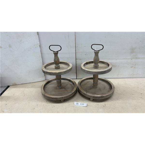 Two-Tier Rustic Wood Serving Trays with Metal Handles, Set of Two