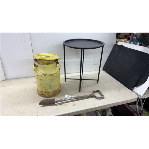 Vintage Yellow-Painted Metal Milk Can, Foldable Metal Table & Small Shovel