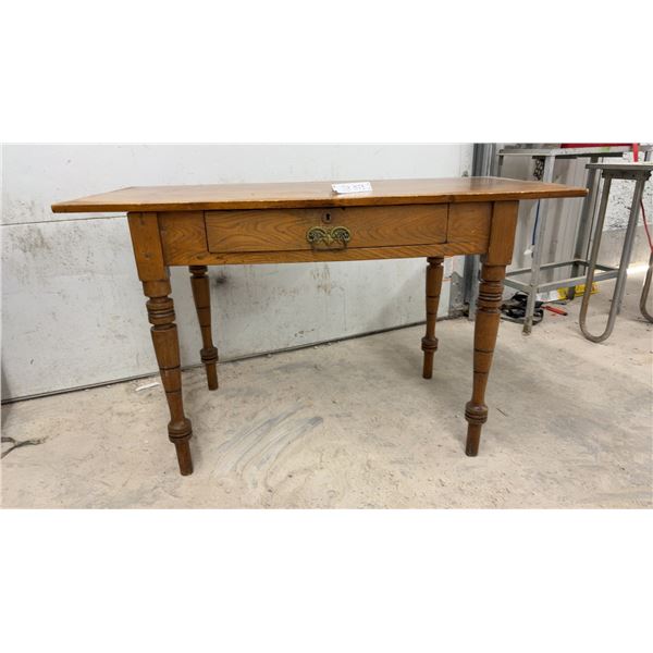 Antique Oak Single-Drawer Writing Desk with Turned Legs and Brass Pull, 29 x 47 x 22 1/2"