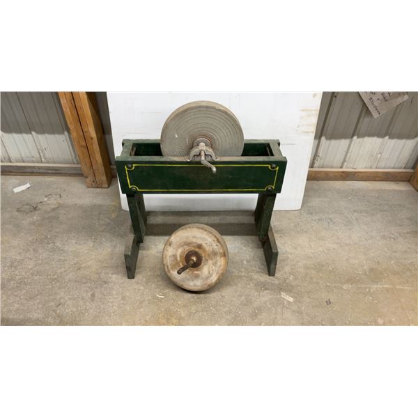 Antique Hand-Crank Grinding Stone with Green Painted Wooden Stand 32 x 35 and Extra Stone