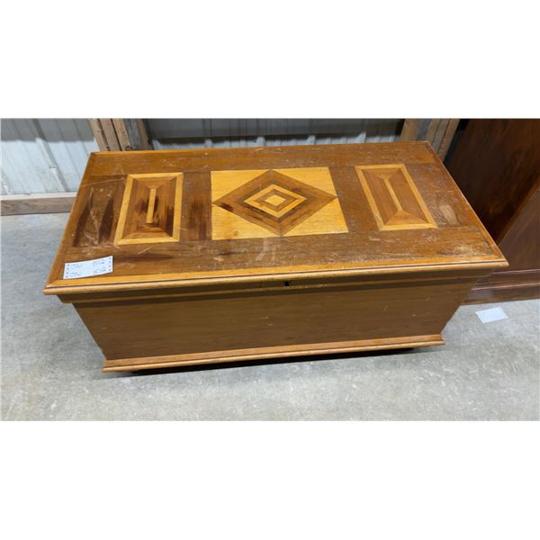 Antique Pine Blanket Chest with Geometric Parquetry Inlay Top, Lock and Key 45 x 23 x 21