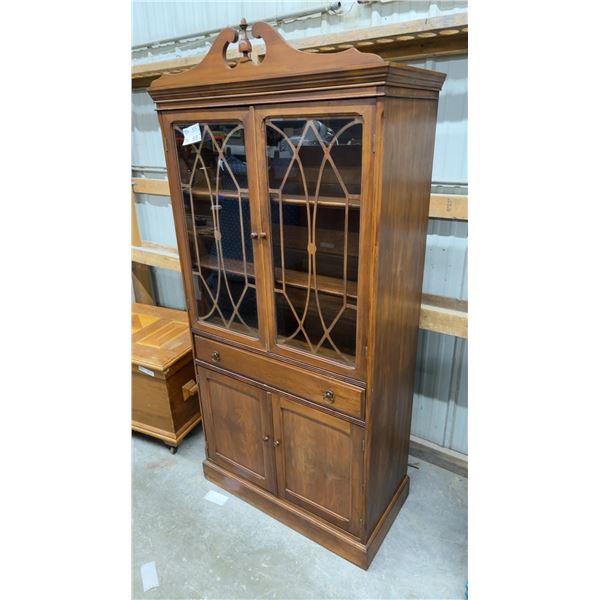 Georgian Style Mahogany Bookcase Cabinet with Fretwork Glass Doors and Pediment 16 x 32 x 71