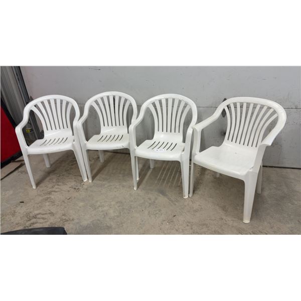 Set of Four White Plastic Patio Armchairs with Slatted Backs