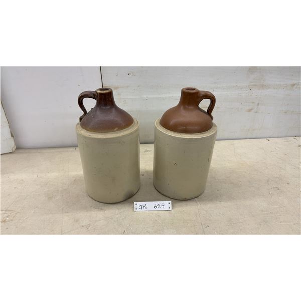 Pair of Antique Two-Tone Stoneware Finger Jugs with Brown Glazed Tops