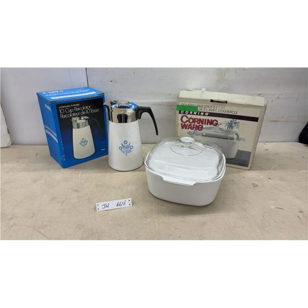 Corning Ware Blue Cornflower 10-Cup Percolator and 5-Liter Covered Casserole Dish with Original