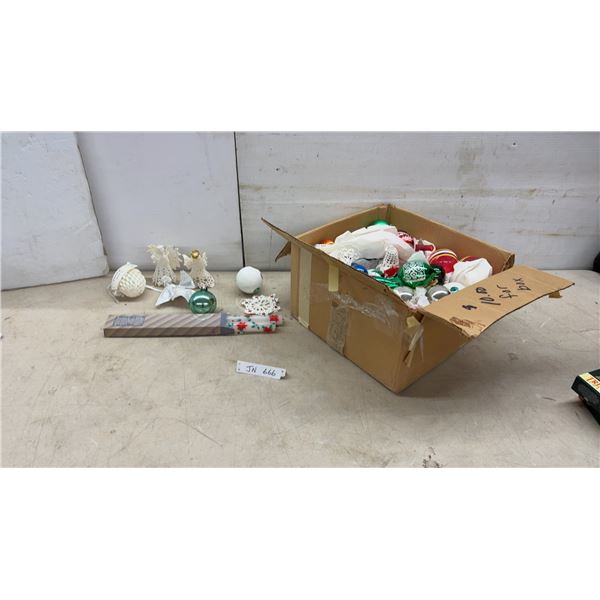 Box of Vintage Christmas Ornaments, Crocheted Angels, Candles, and More
