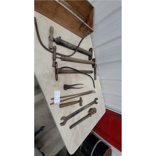 Vintage Hand Tire Pumps, Ih Open-End Wrench, Pipe Wrench, Ball Peen Hammer, Pliers, Forge Tongs and
