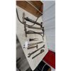 Image 1 : Vintage Hand Tire Pumps, Ih Open-End Wrench, Pipe Wrench, Ball Peen Hammer, Pliers, Forge Tongs and