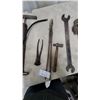 Image 3 : Vintage Hand Tire Pumps, Ih Open-End Wrench, Pipe Wrench, Ball Peen Hammer, Pliers, Forge Tongs and