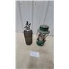 Image 5 : Coleman Model 335 Green Gas Lantern and Vintage Mesh-Wrapped Soda Stezler Bottle