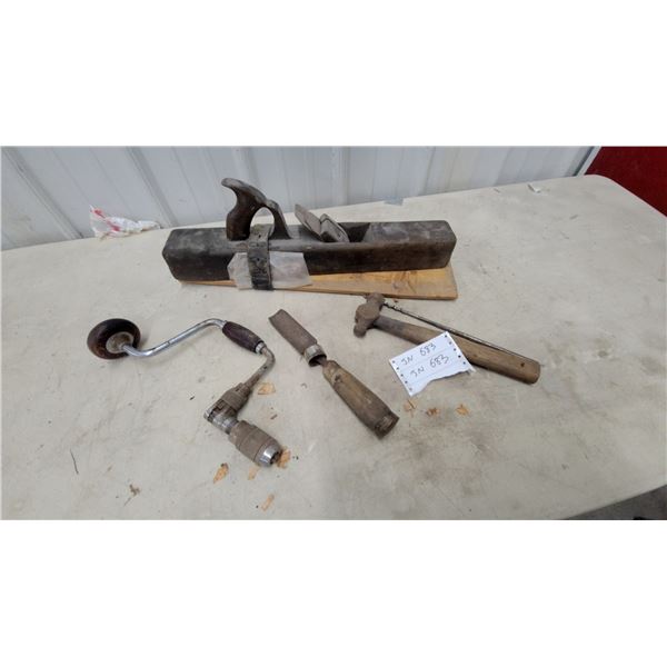 Vintage Hand Brace, Wooden Jointer Plane, Ball Peen Hammer, Chisel, and More