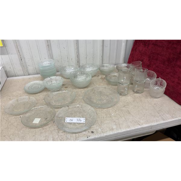 Clear Pressed Glass Dinnerware Set with Floral Pattern, Plates, Bowls, Mugs, 40 and More Pieces