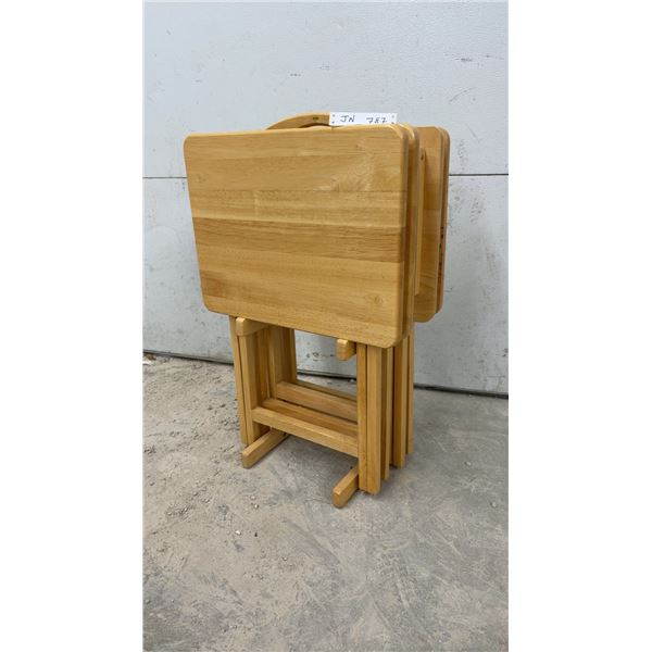 Set of Four Wooden Folding TV Tray Tables with Storage Stand