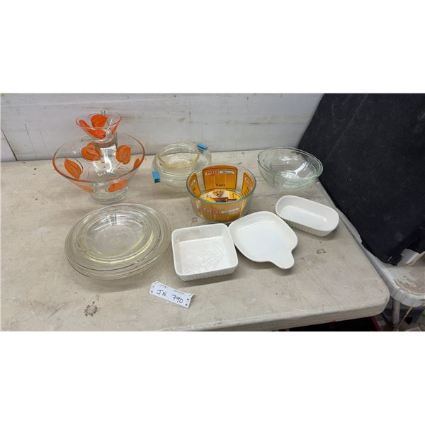 Pyrex Glass Bakeware, Vintage Chip and Dip Set with Orange Leaf Design, White Baking Dishes, and