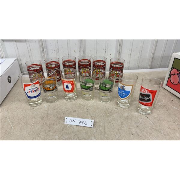 Collection of McDonald's, Molson, and Vintage Car Promotional Drinking Glasses