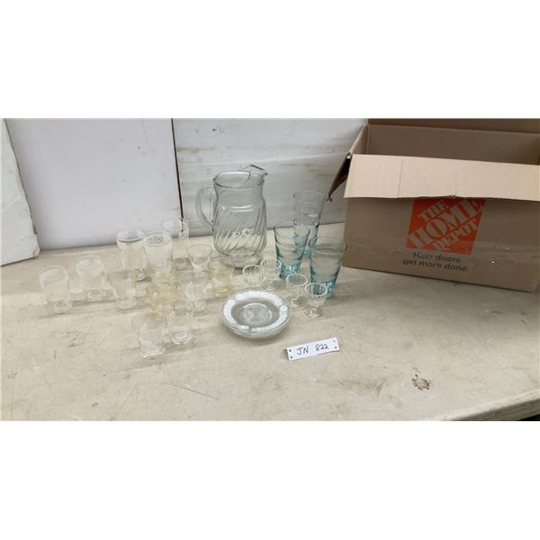 Assorted Glassware Including Tumblers, Plates, Pitcher, and More