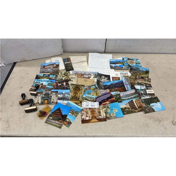 Collection of Vintage European Postcards, Rubber Stamps, Hilroy Notebook, and More