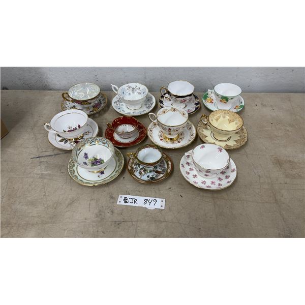 Collection of Vintage Porcelain Teacups and Saucers with Gold Trim and Floral Designs