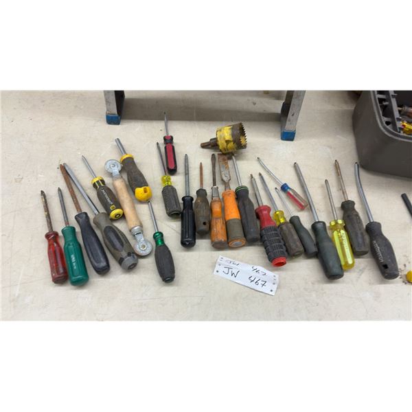 Large Lot of Assorted Screwdrivers, Hex Keys, Hole Saw, Toolbox (Latch Broken) and Aluminum Step