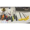 Image 2 : Large Lot of Assorted Screwdrivers, Hex Keys, Hole Saw, Toolbox (Latch Broken) and Aluminum Step